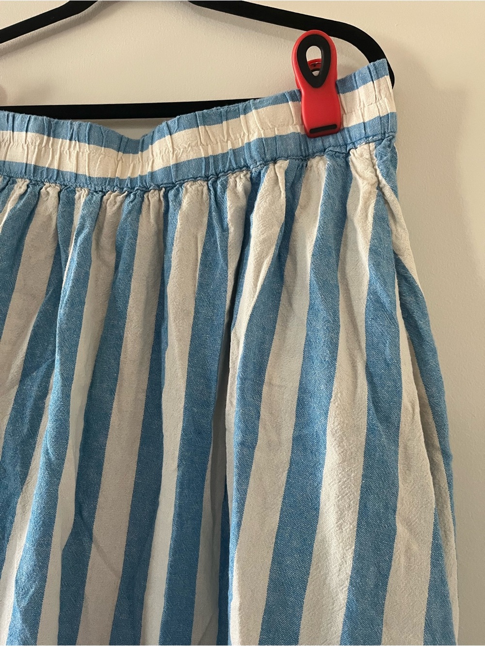 Blue Cream Striped Linen Blend Midi Skirt Large Coastal Beach Resort Euro Summer - Picture 2 of 7